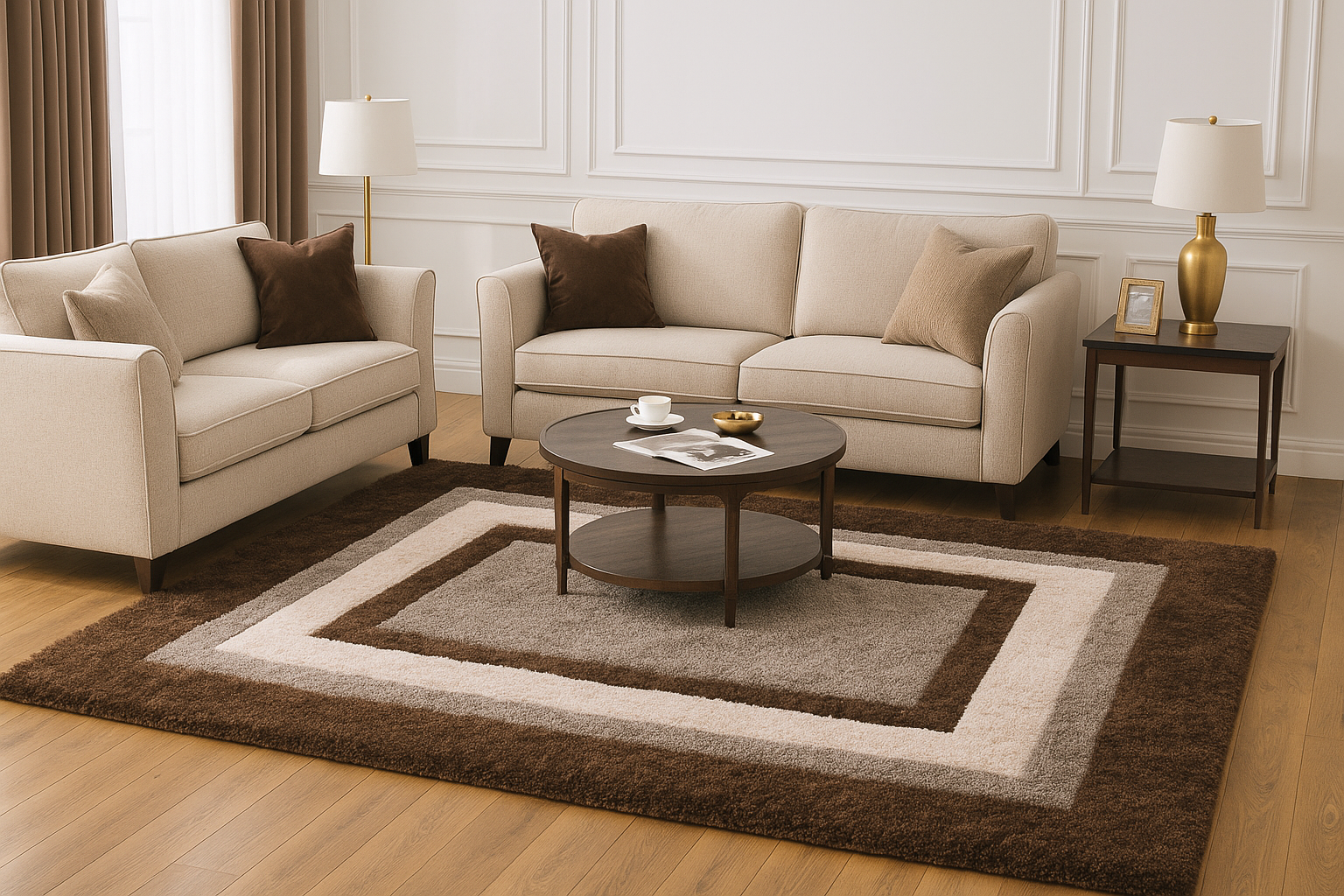 Handmade Wool Area Rug – Modern Layered Border Design in Neutral Tones