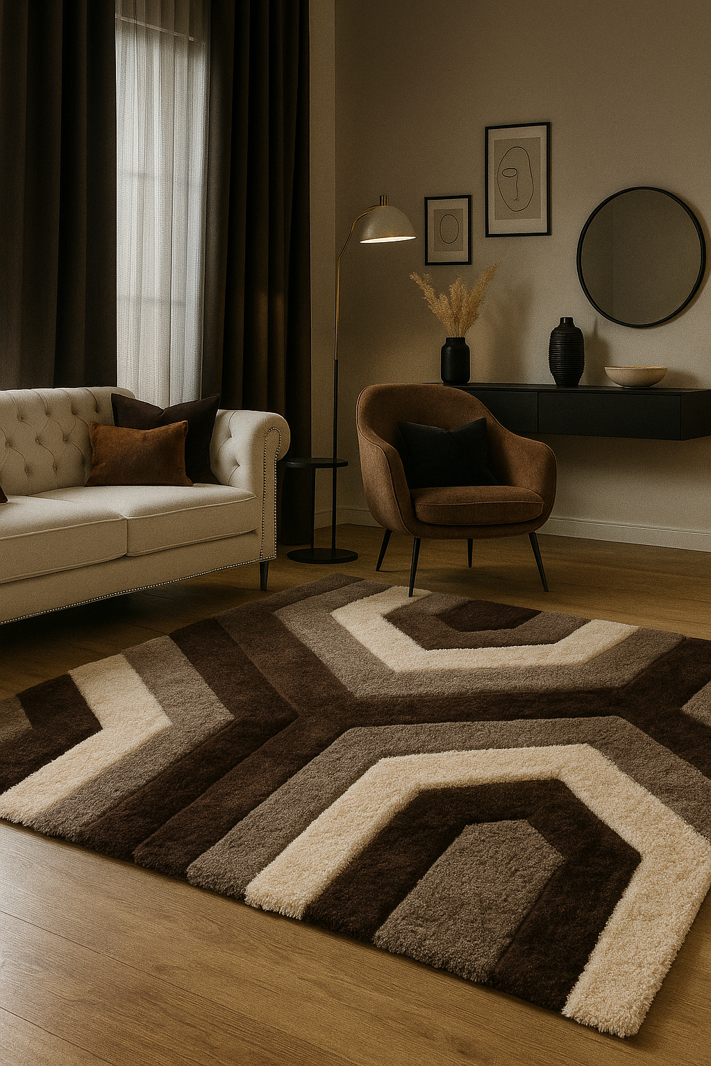 Handmade Shag Wool Rug with Sculpted Geometric Design
