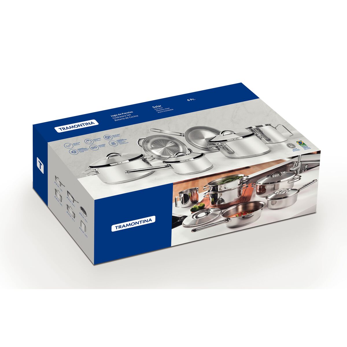 Jogo de Panelas Tramontina Solar em Aço Inox com Fundo Triplo e Tampas de Inox 6 Peças