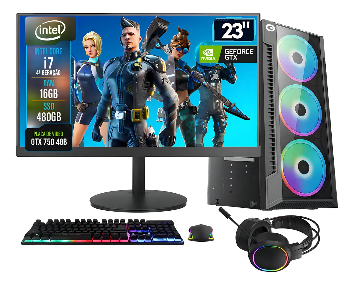 PC Gamer Completo 2Eletro Shot, Intel Core i7,16GB,Geforce GTX 4GB,480GB,500W, LED 23" - PG2E-0108SH