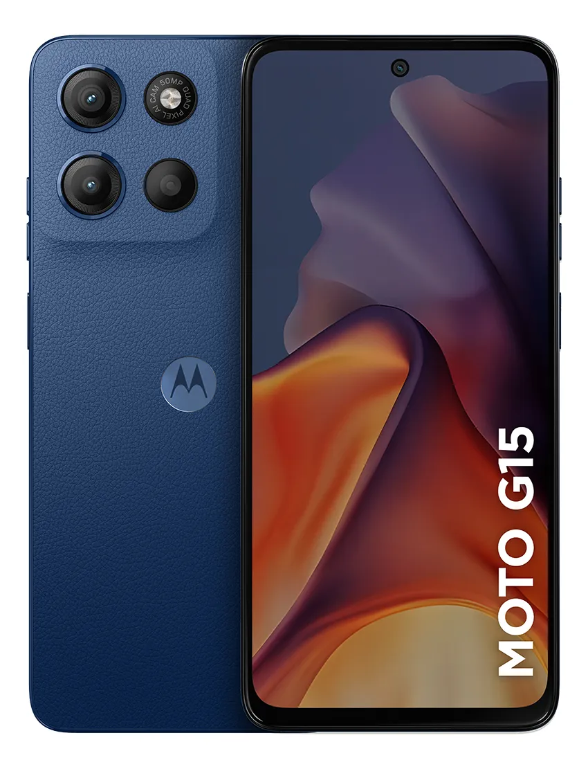 Smartphone Motorola Moto g15-128GB 12GB (4GB RAM+8GB Ram Boost) e Camera 50MP com AI e Night Vision Bateria de 5200 mAh Tela FHD+ 6.7" com Superbrilho NFC Azul Escuro