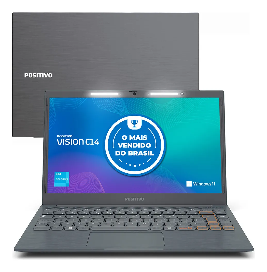 Notebook Positivo Vision C14 Lumina BAR Celeron 4GB 128GB eMMC Tela 14 Polegadas HD Antirreflexo Windows 11 Tecla Link Cinza