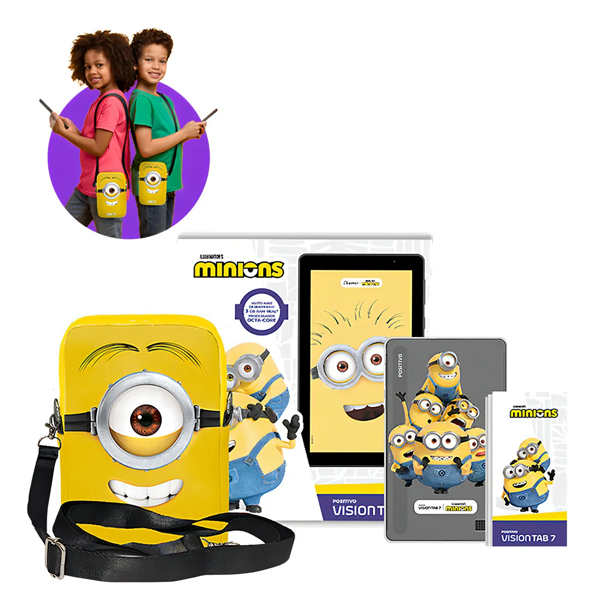 Tablet Infantil Positivo Vision Tab 7 Minions - Octa-Core 3GB RAM 64GB Armazenamento, Tela 7" IPS, Bateria 3100mAh, Android 14 Go, Wi-fi - Preto - Inclui Capa de proteção personalizada