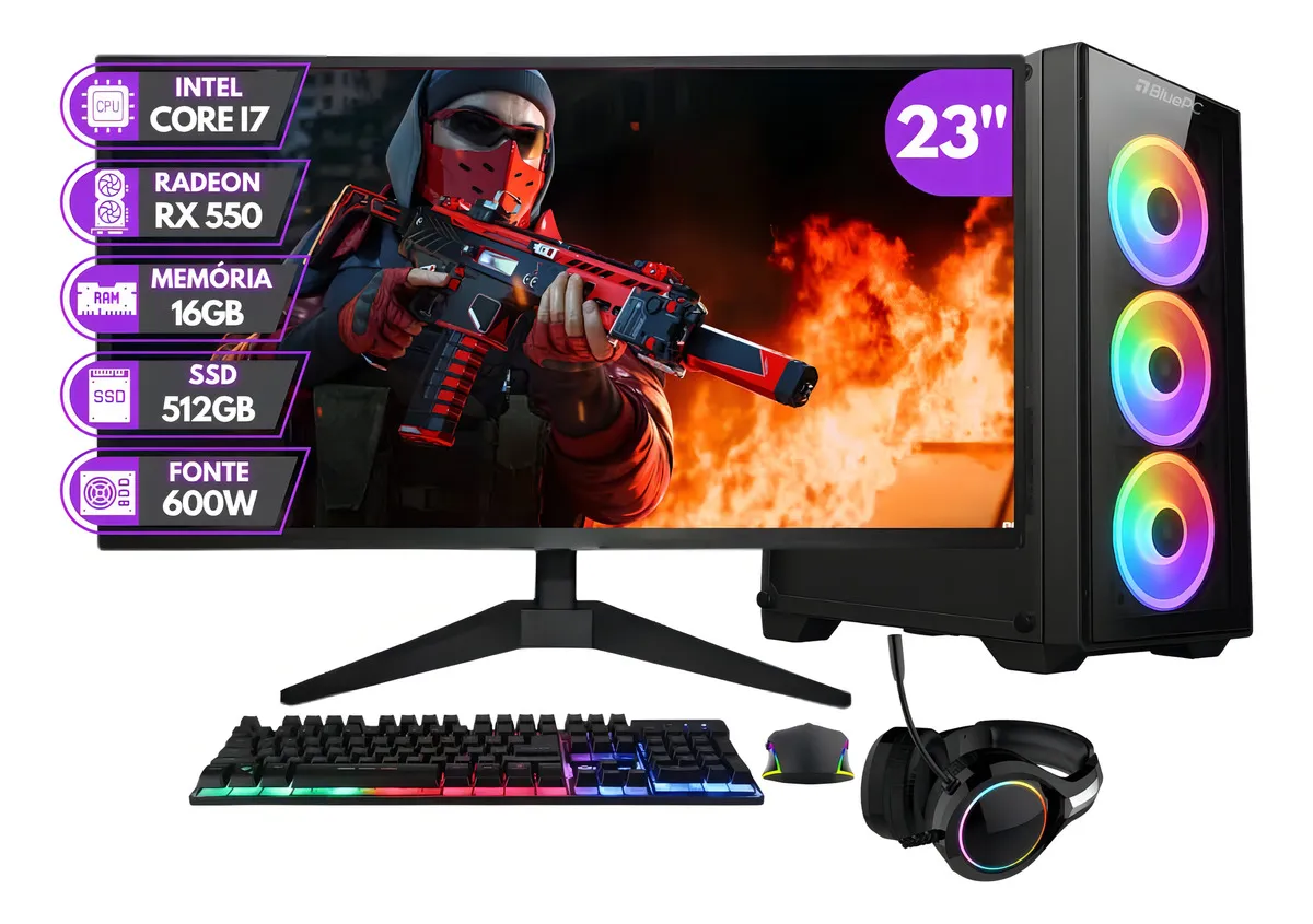 PC Gamer Completo BluePC RUSH - Intel Core i7 16GB RAM Radeon RX 550 4GB SSD 512GB Monitor 23" 75Hz Full HD - PGBP-RUS1048