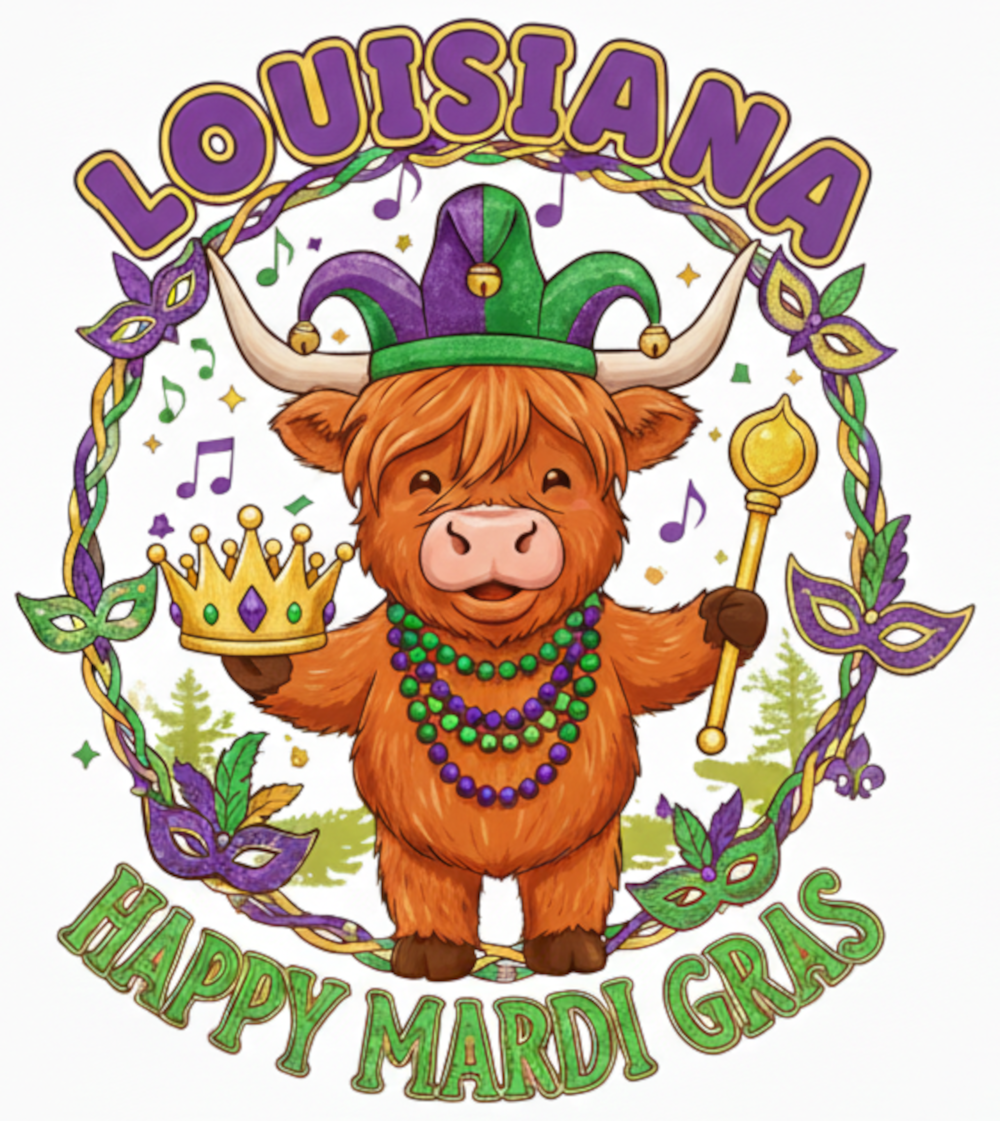 Mardi Gras Highland Cow PNG - Louisiana Cow Digital Download