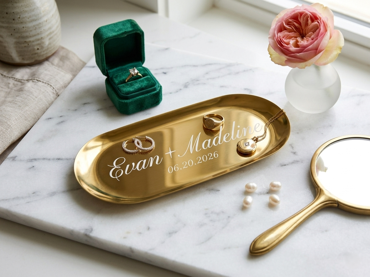 Elegant Personalized Stainless Steel Golden Jewelry & Keepsake Tray
