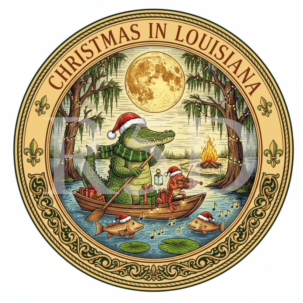 Christmas in Louisiana PNG - Vintage Gator & Fiddle Crawfish Art