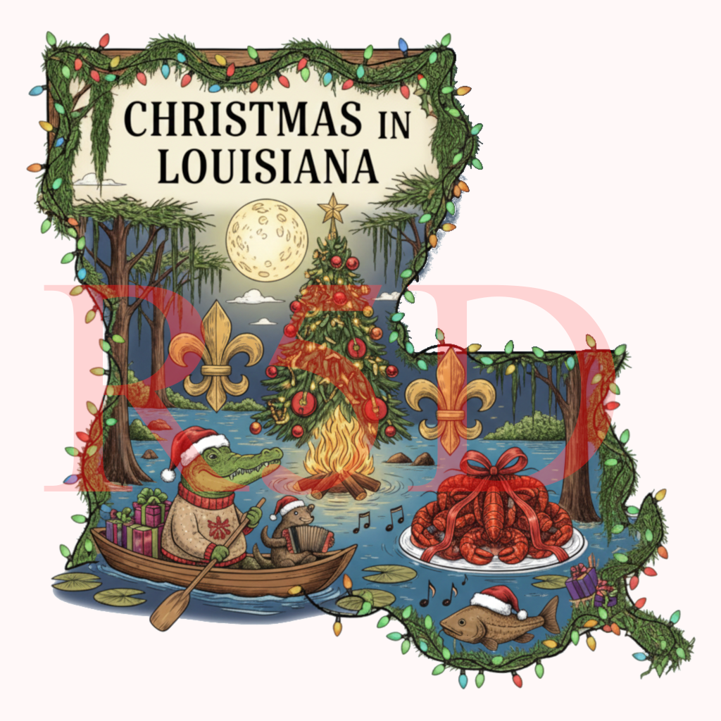 Christmas in Louisiana State PNG - Bayou Gator & Crawfish Holiday Art