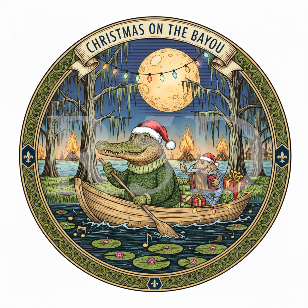 Christmas on the Bayou PNG, Louisiana Christmas Gator Sublimation Design