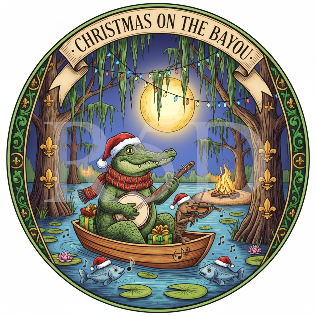 Christmas on the Bayou PNG - Banjo Gator & Fiddle Crawfish Holiday Art