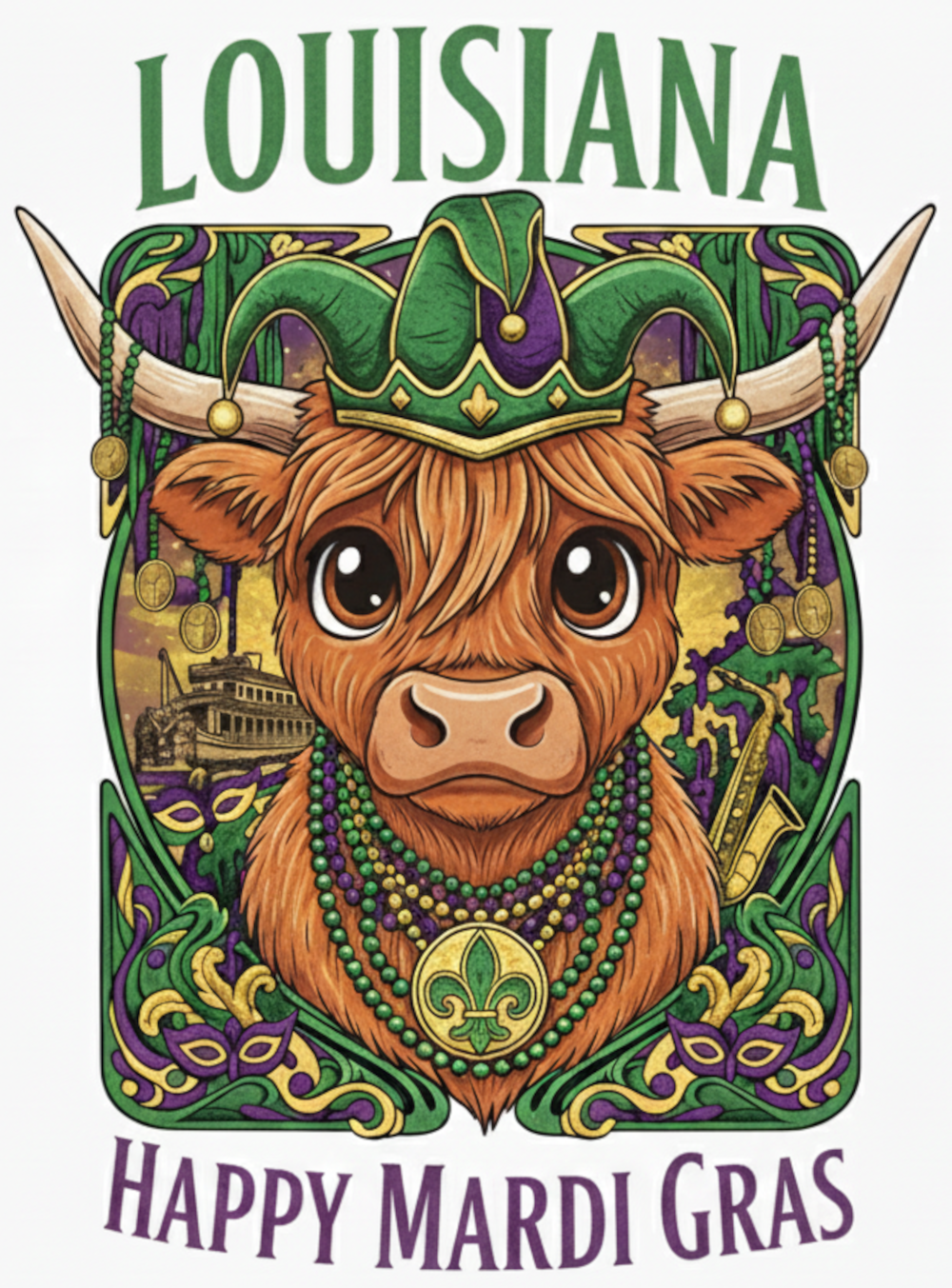 Mardi Gras Highland Cow PNG