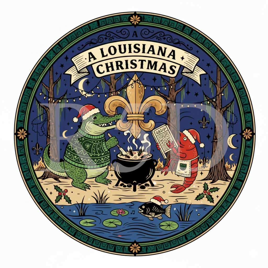 A Louisiana Christmas PNG - Gumbo Gator & Crawfish Chef Holiday Art