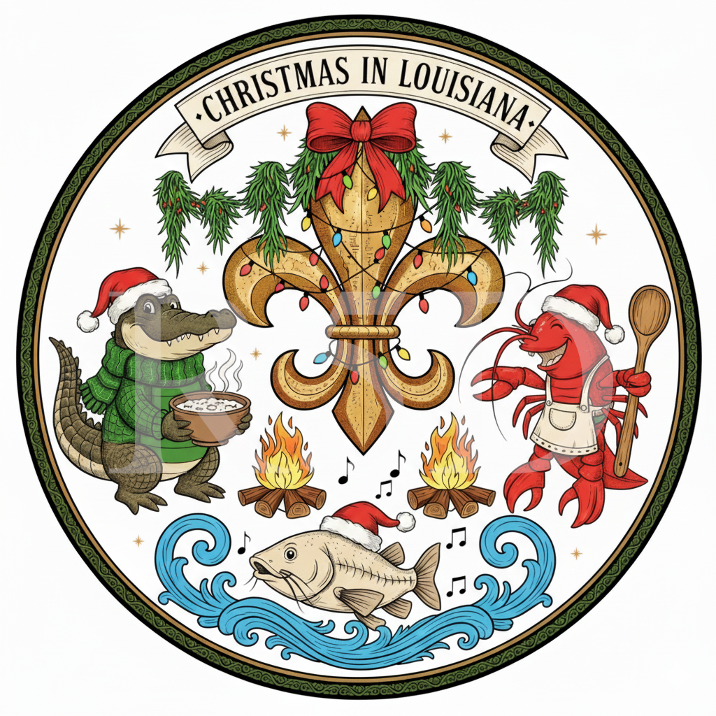 Christmas in Louisiana PNG - Gumbo Gator & Crawfish Chef Holiday Art