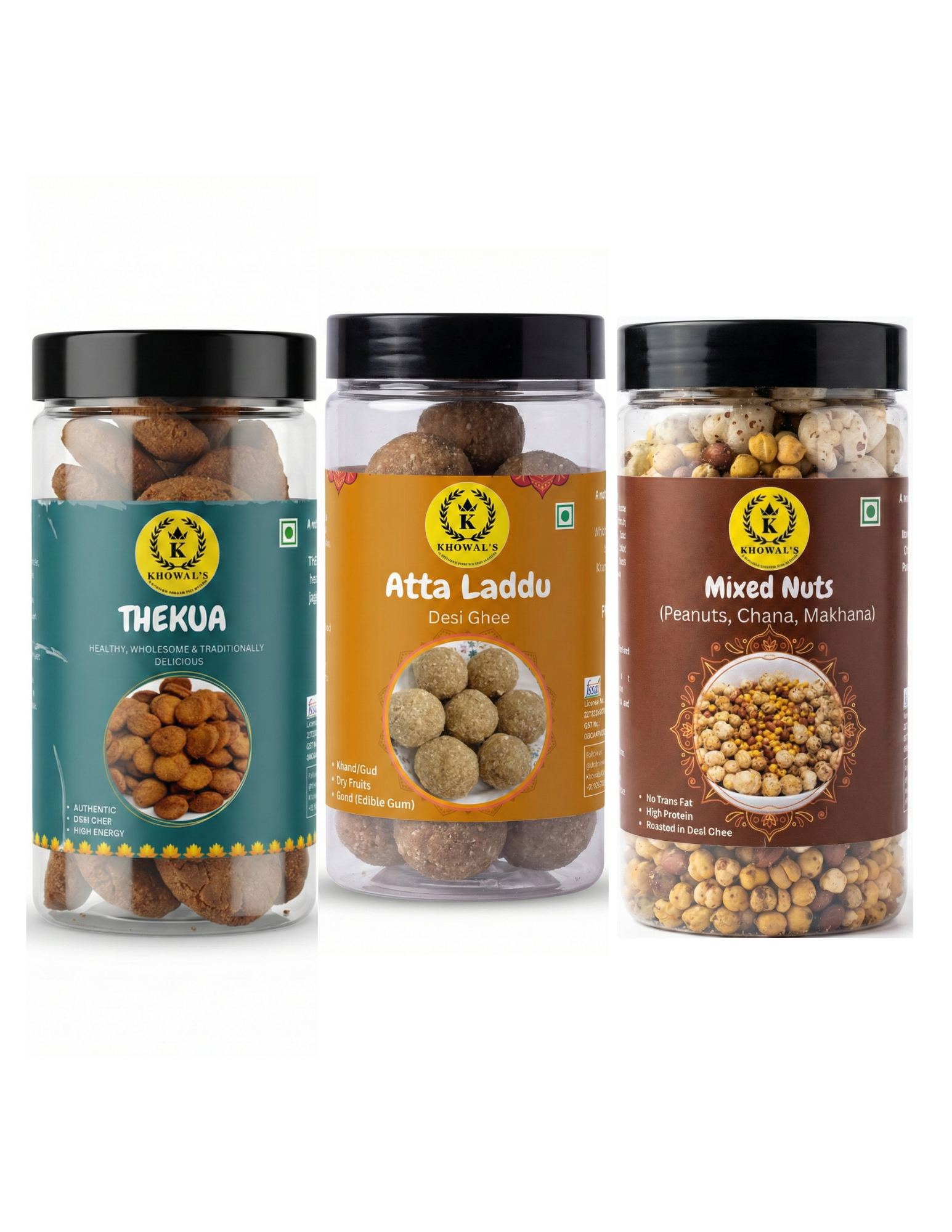 Traditional Energy Combo – Atta Laddu, Desi Ghee Thekua & Roasted Mixed Nuts | Handmade Indian Snacks Made in Pure Desi Ghee
