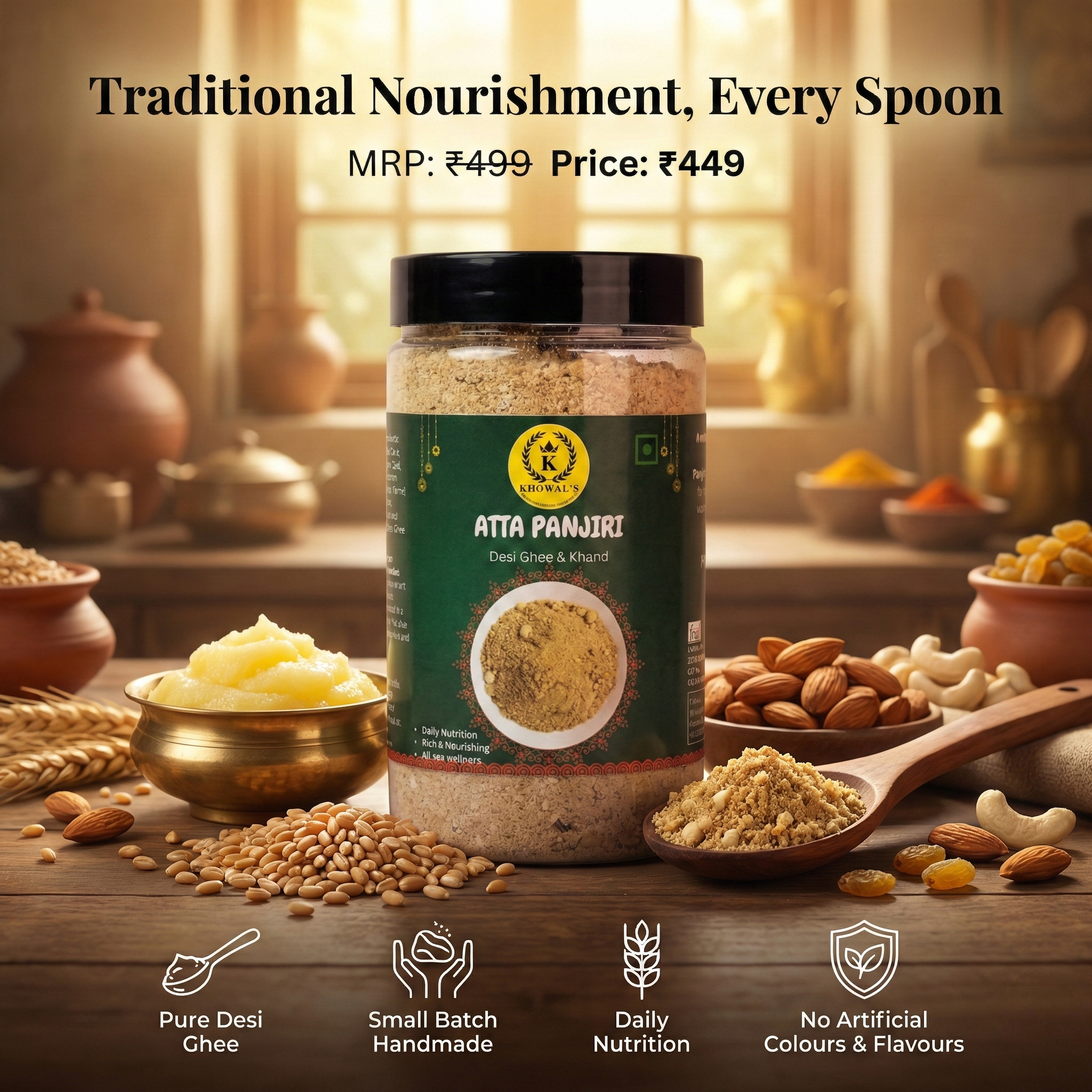 Wholesome Energy Combo – Atta Laddu, Atta Panjiri & Desi Ghee Roasted Mixed Nuts | Traditional Indian Snacks Made in Pure Desi Ghee