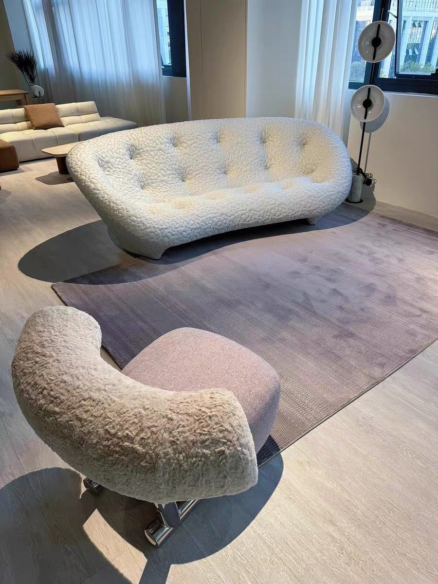 Curved Bouclé Sofa and Lounge Chair