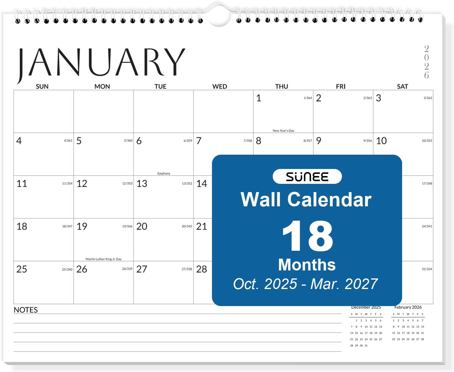 SUNEE Wall Calendar 2026 18 Months Oct. 2025 - Mar. 2027, 14.5"x11.5" Big Grid Hanging Calendar with Note for Organizing & Planning, Monthly Calendar 2025-2026 with Last Month and Next Month, White