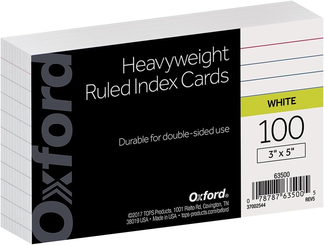 Oxford Heavyweight Ruled Index Cards, 3" x 5", White, 100 Per Pack (63500)