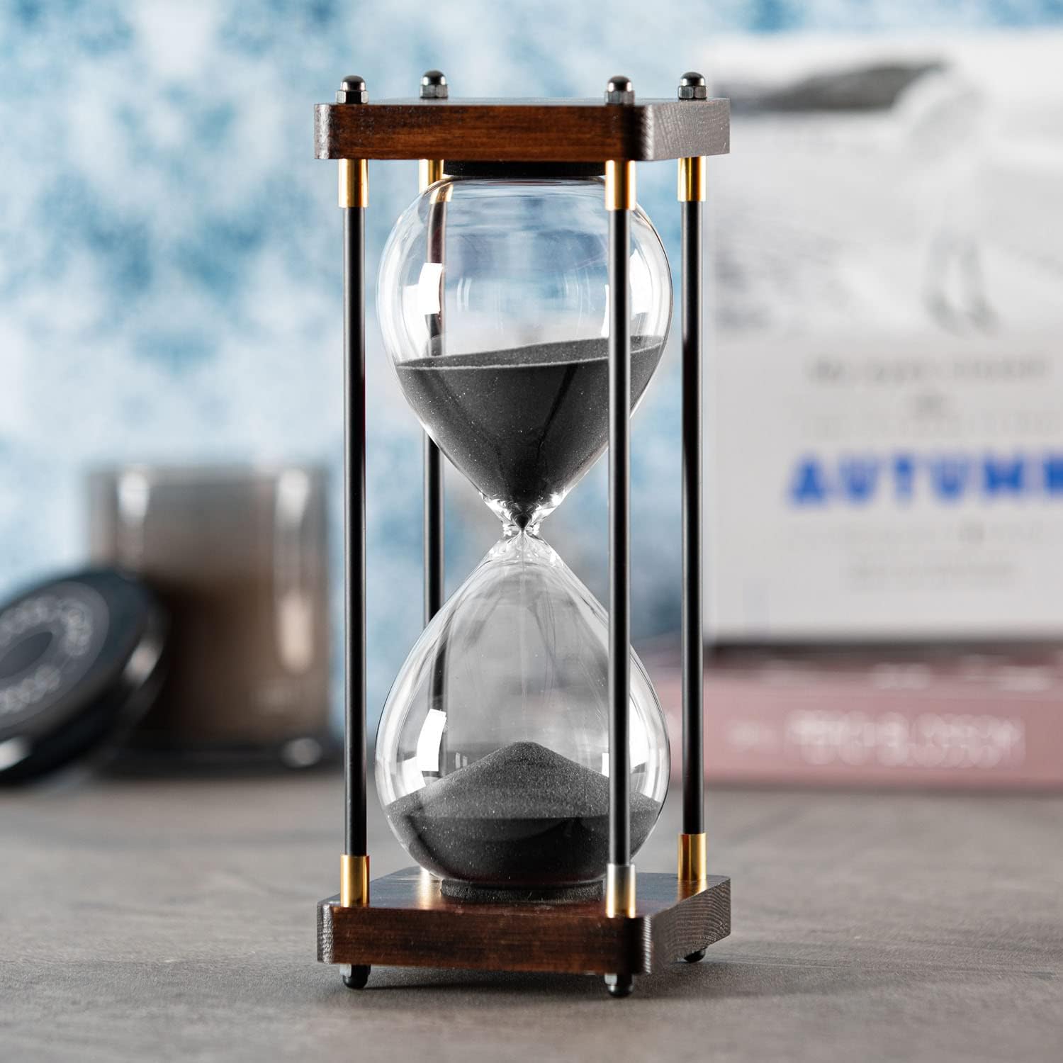 Large Hourglass Timer 60 Minute, Decorative Wooden Sand Timer with Black Sand, 1 Hour Sand Clock