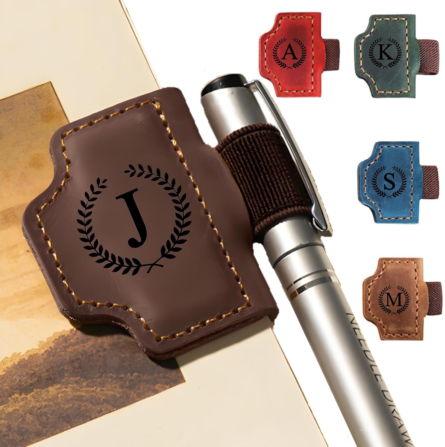 MOTEERLLU Bygone Mark Personalized Magnetic Leather Pen Holder Bookmark, Custom Bookmarks with Initial for Reading Women, Men, Teachers, Book Lovers Gifts（Coffee J）