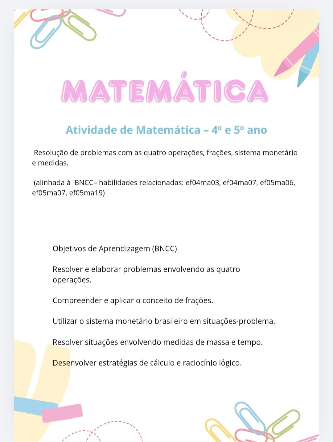 Atividade de Matemática Problematização, 4º e 5º Ano