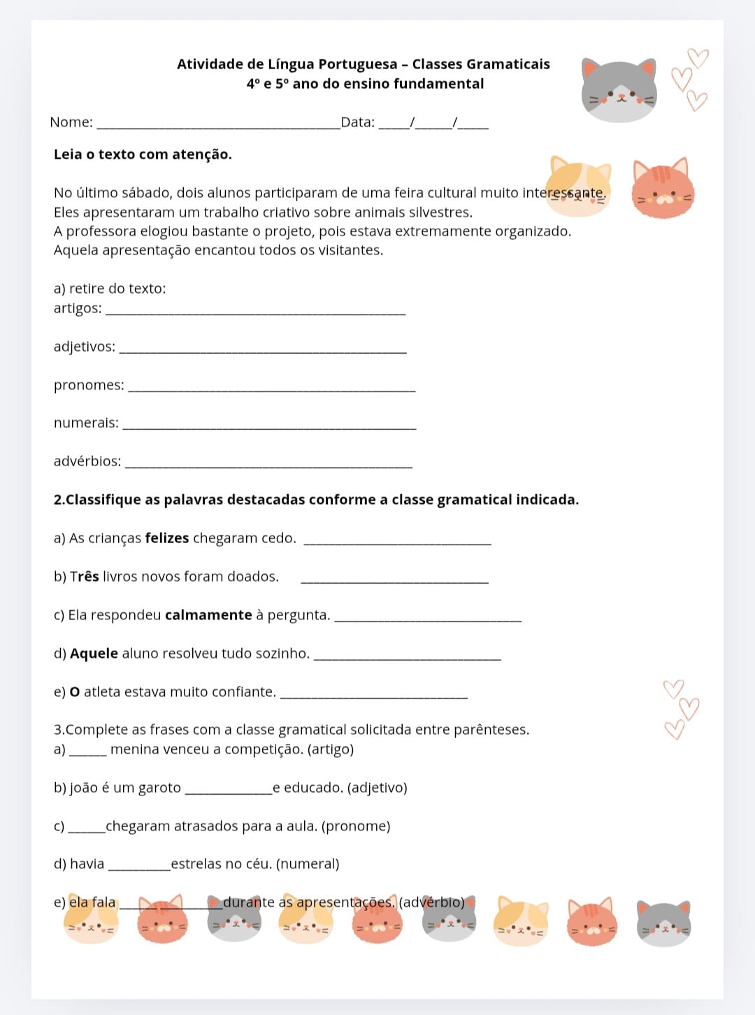 Atividades de Língua Portuguesa Classes gramaticais