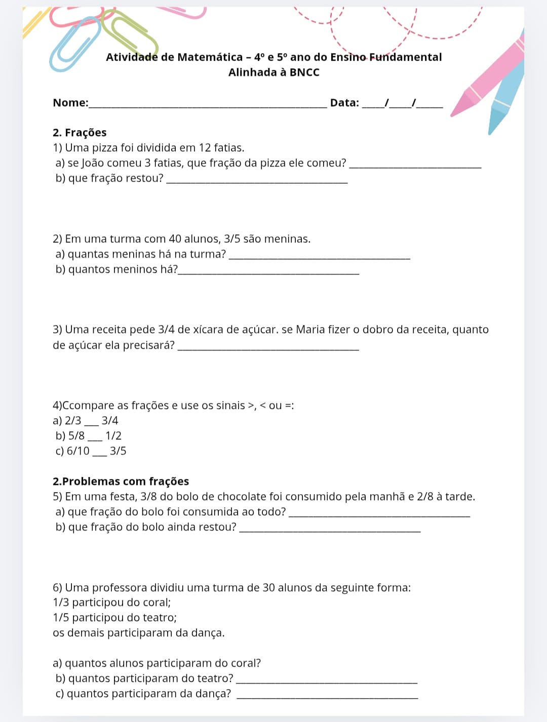 Atividade de Matemática Problematização, 4º e 5º Ano