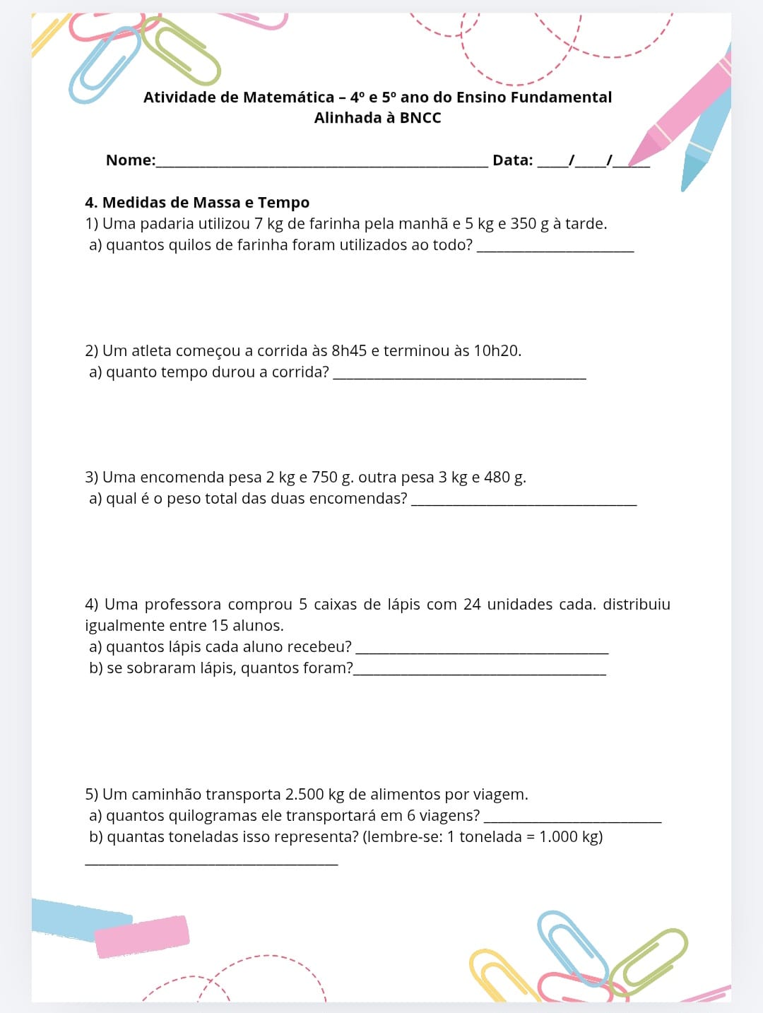 Atividade de Matemática Problematização, 4º e 5º Ano