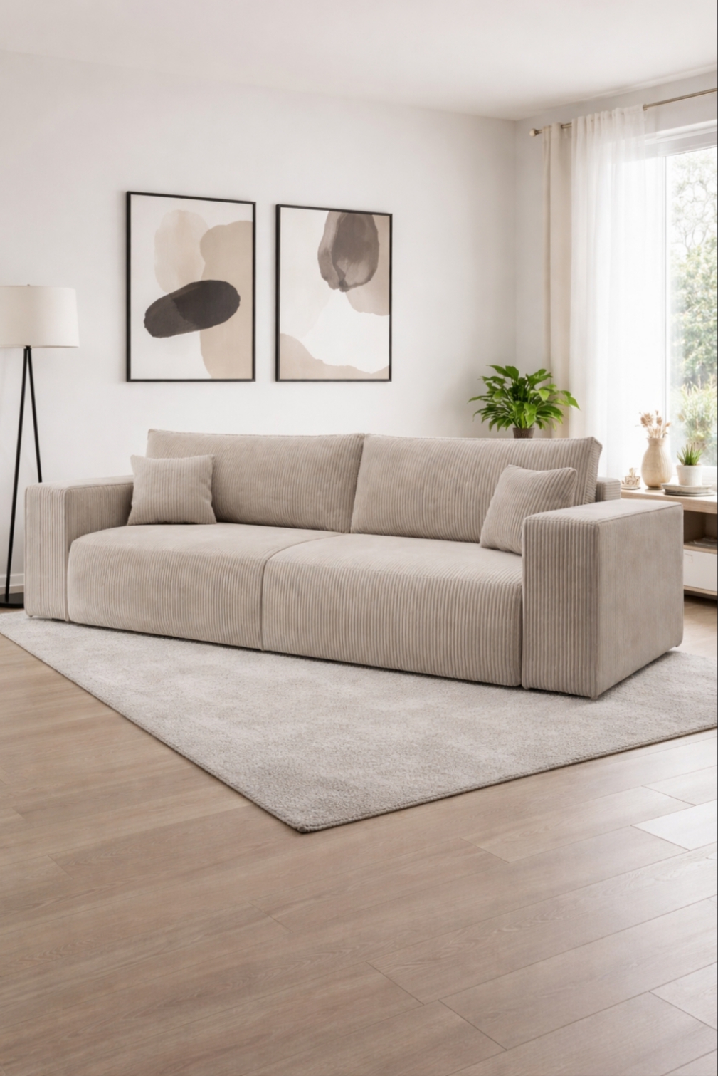 Elegancka, sztruksowa kanapa z funkcją spania oraz poduchami FLORENCE