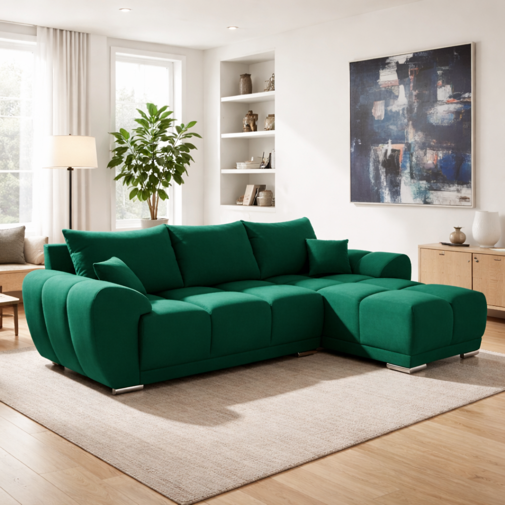 Nowoczesny, pikowany narożnik z pojemnikiem i funkcją spania GENEVA