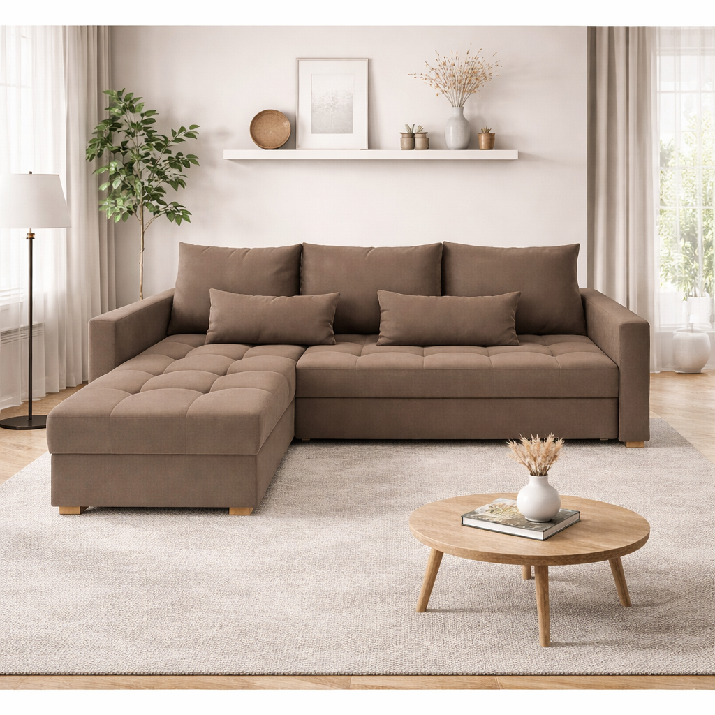 Kompaktowy, rozkładany narożnik z poduchami LATINO PIK