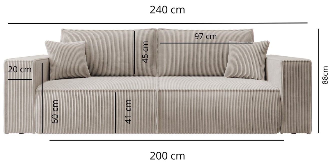 Elegancka, sztruksowa kanapa z funkcją spania oraz poduchami FLORENCE