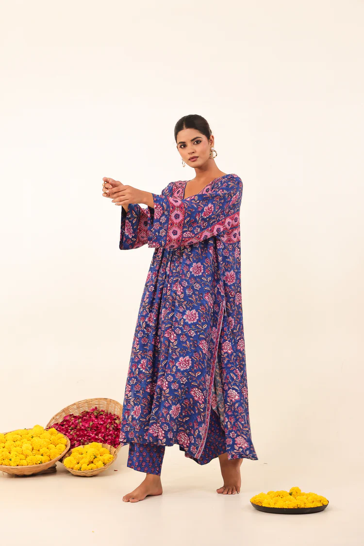 Royal Blue Hand-Block Printed Viscose Muslin Kurta Set