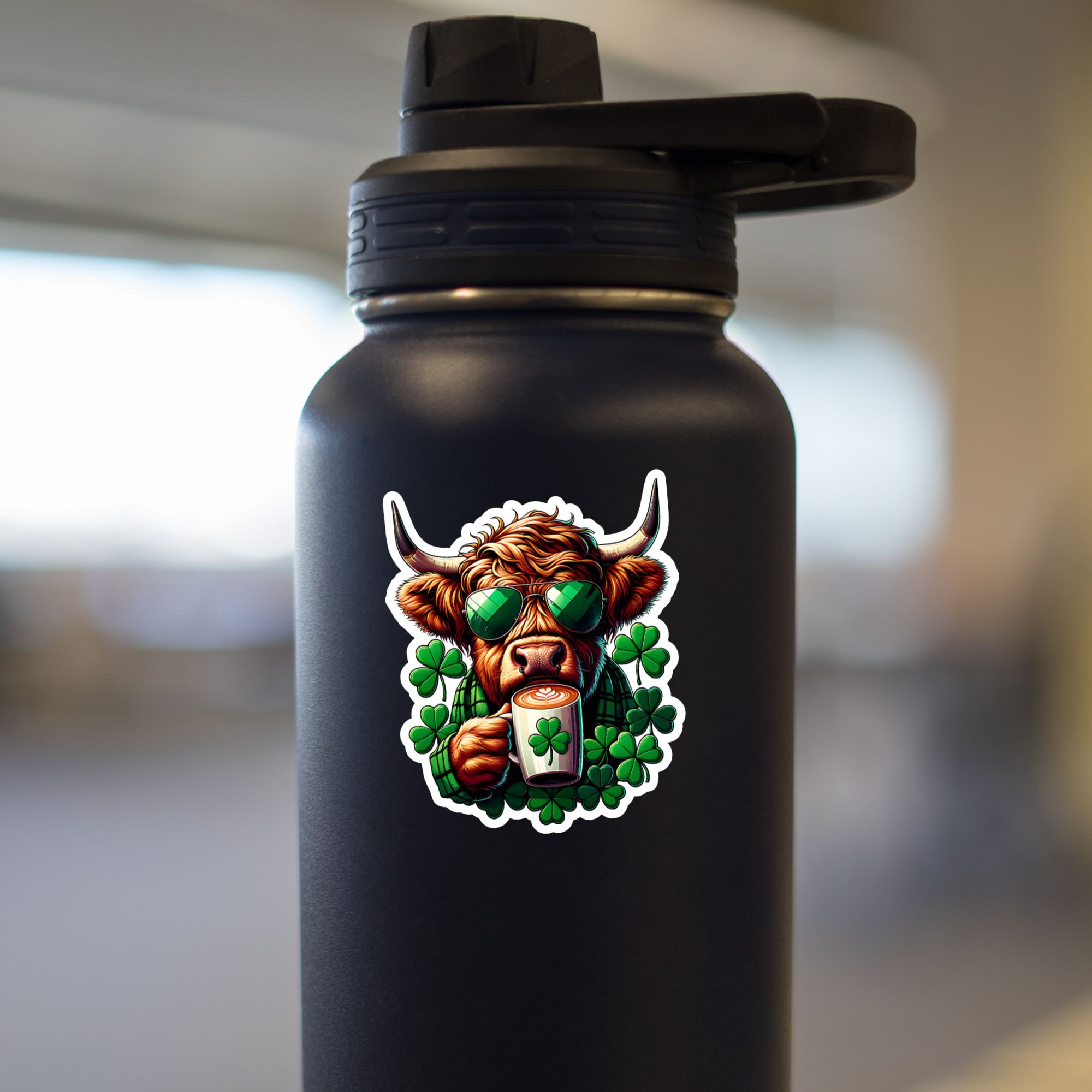 Highland Cow Shamrock Coffee Sticker