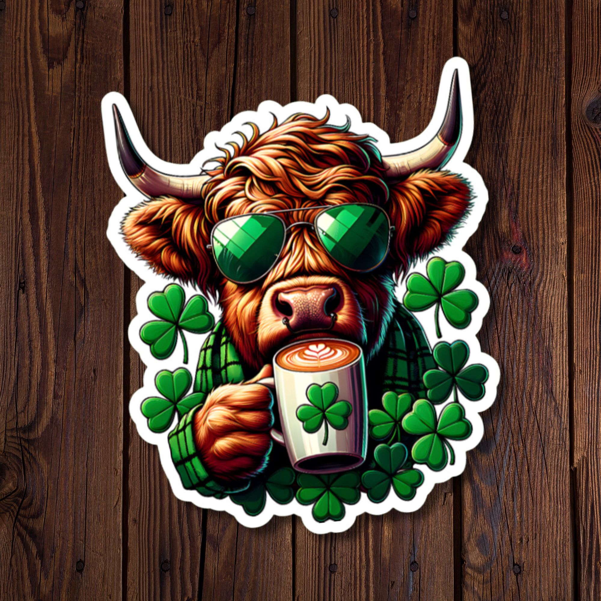 Highland Cow Shamrock Coffee Sticker