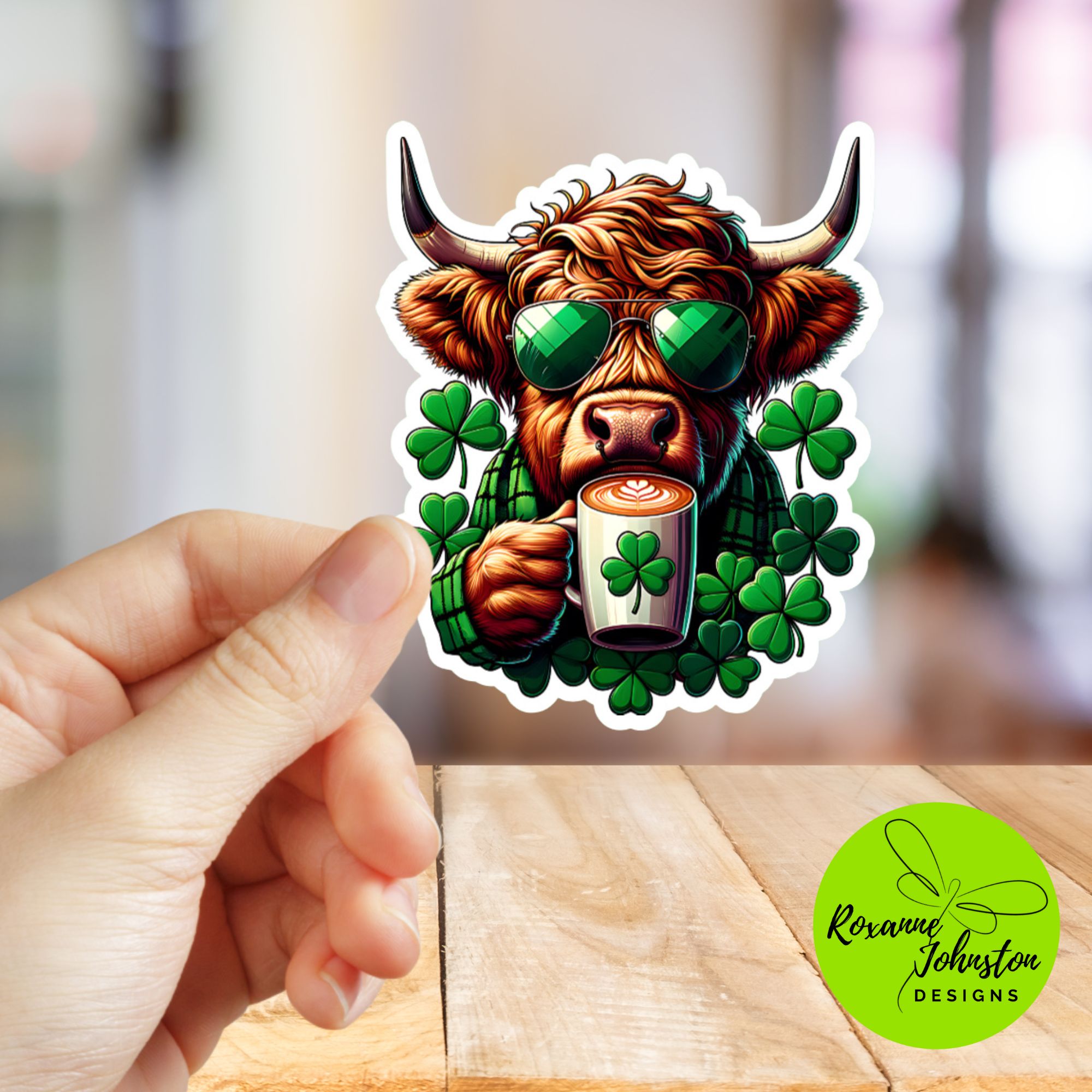 Highland Cow Shamrock Coffee Sticker