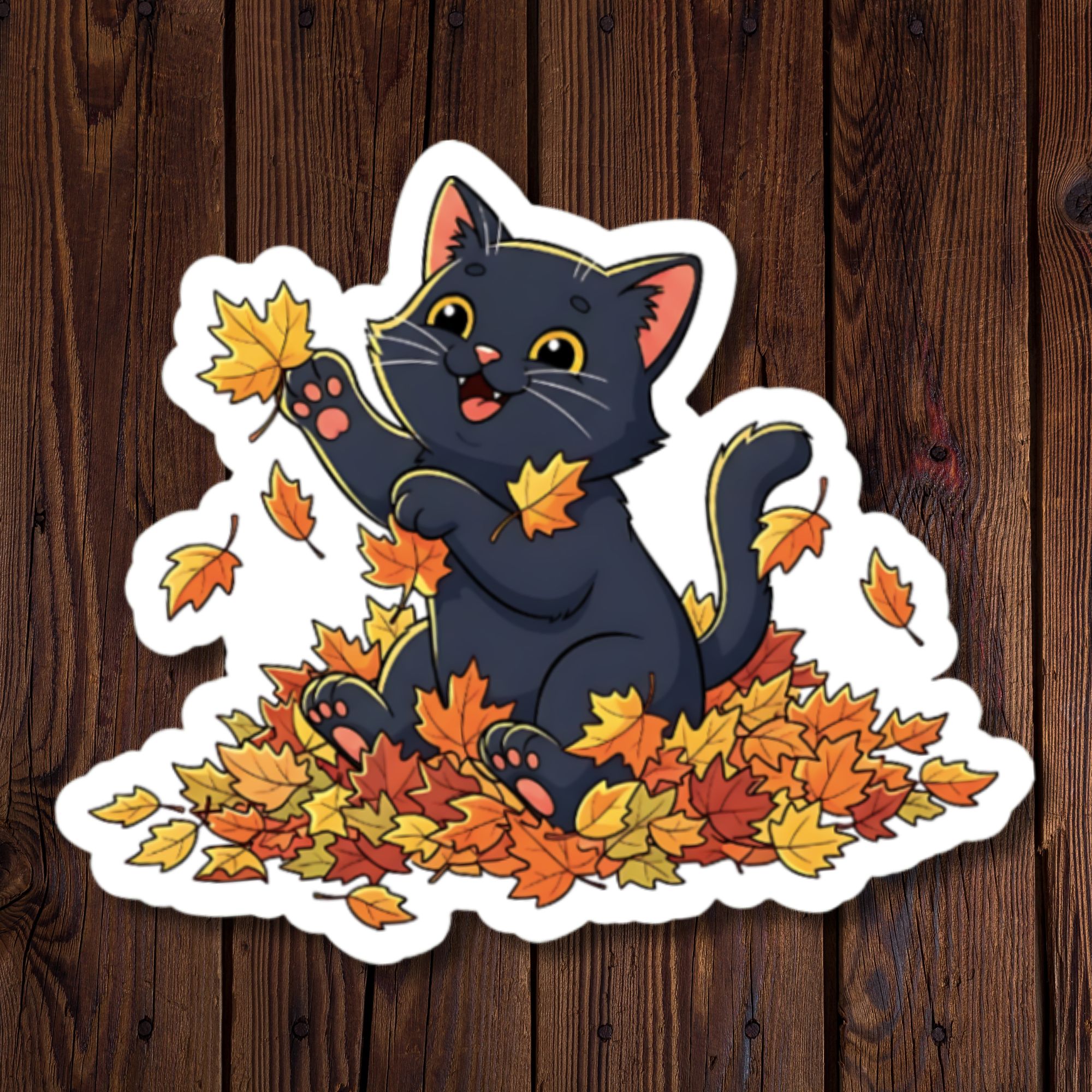Happy Black Cat in Leaves Sticker