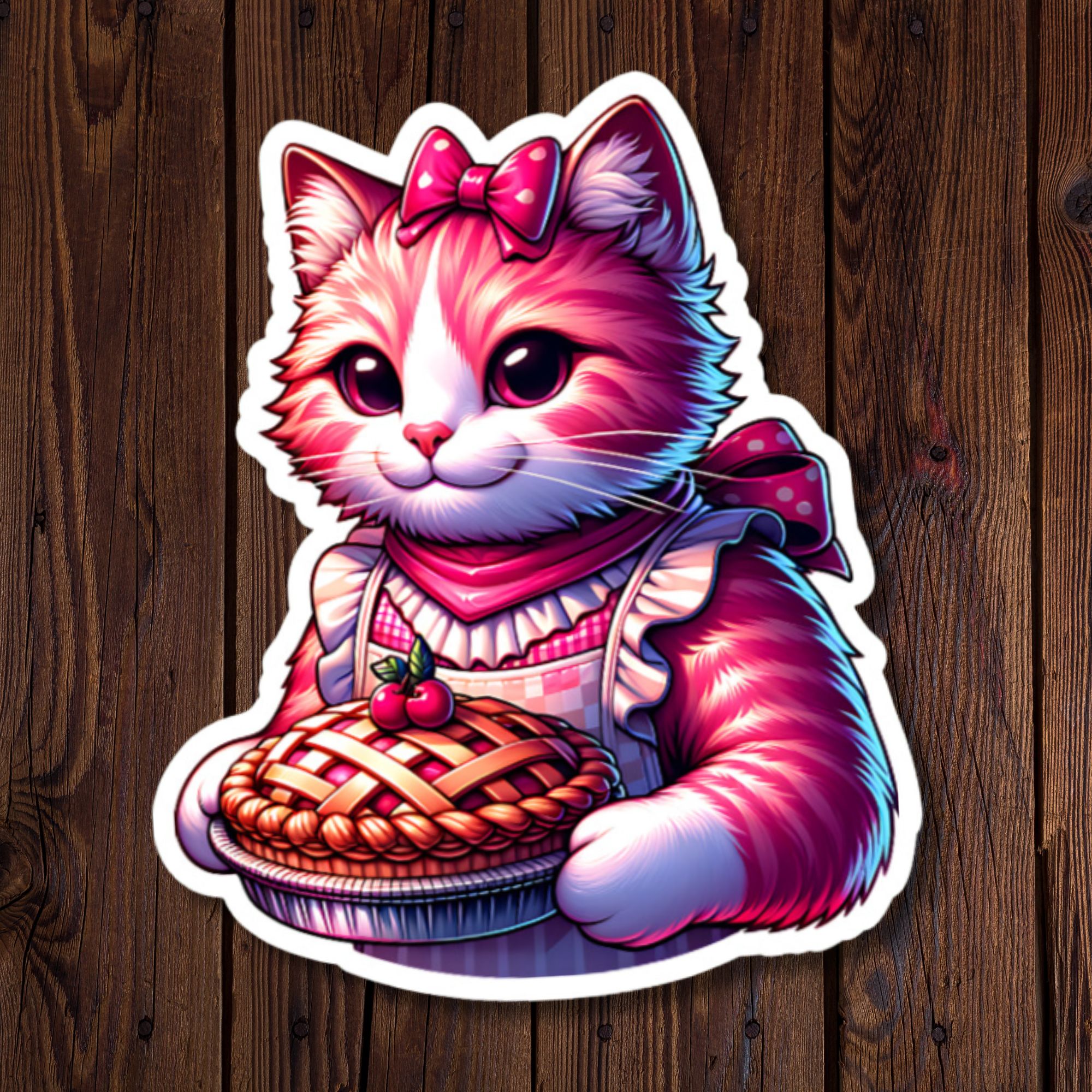 Cat with Pie – Pink & Bows Sticker
