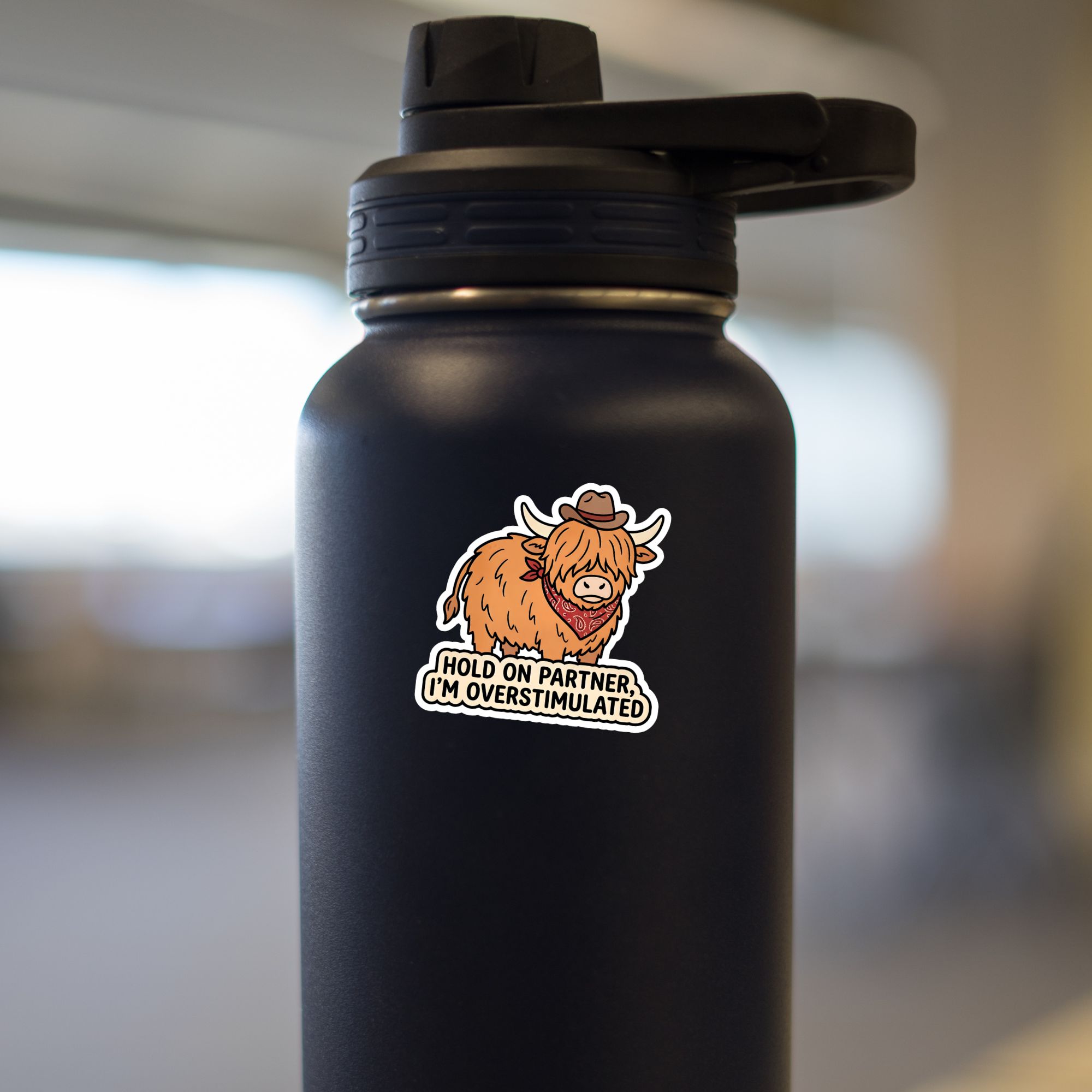 Overstimulated Highland Cow Sticker