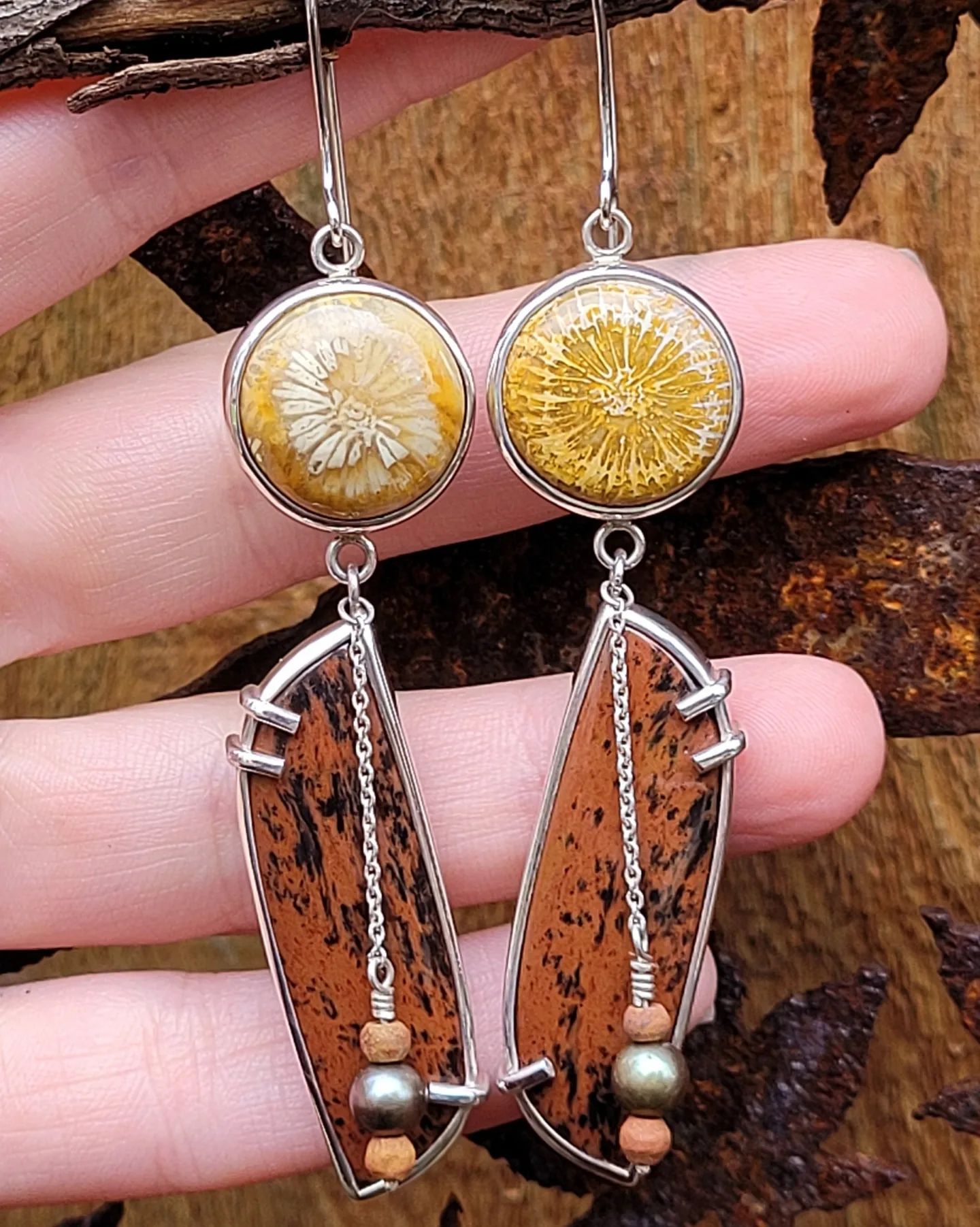 Coral & Obsidian Danglers