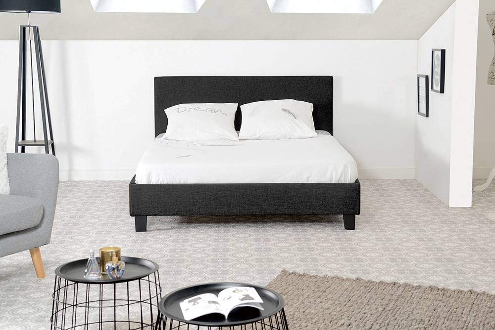 Lit double en tissu gris 140x190 cm avec sommier