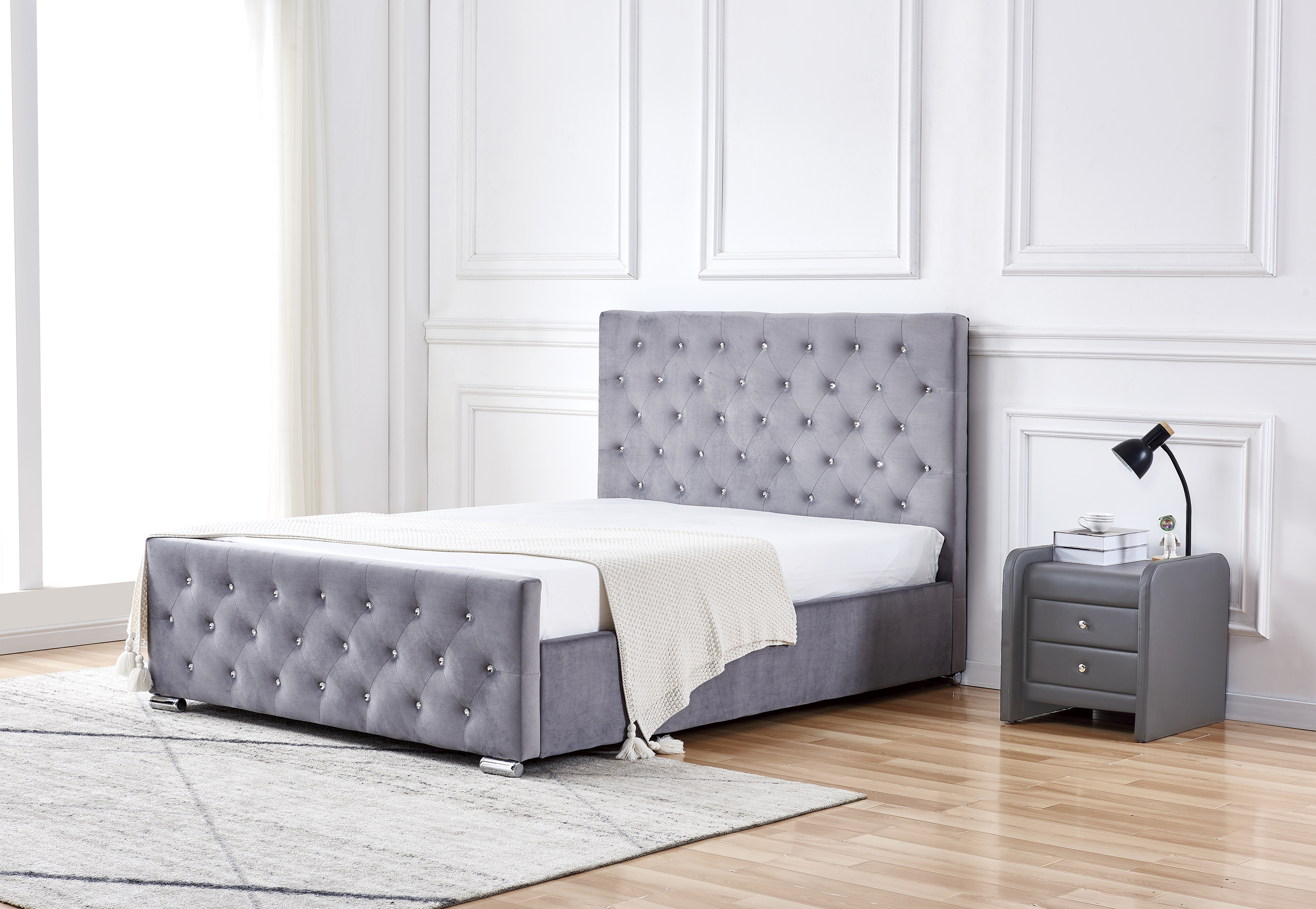 Lit capitonné gris avec sommier 160x200 cm