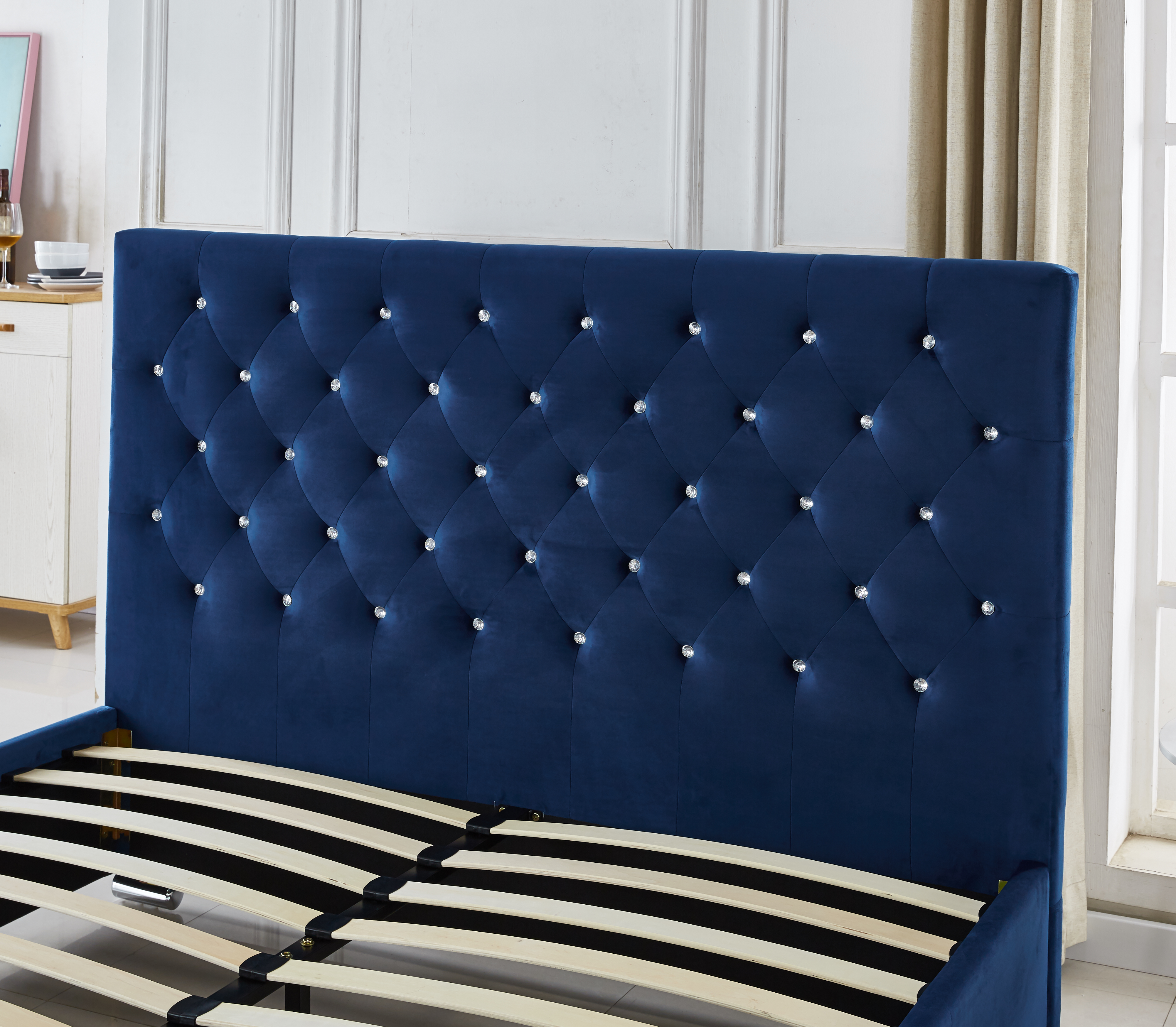 Lit double en velours bleu 140x190cm avec sommier