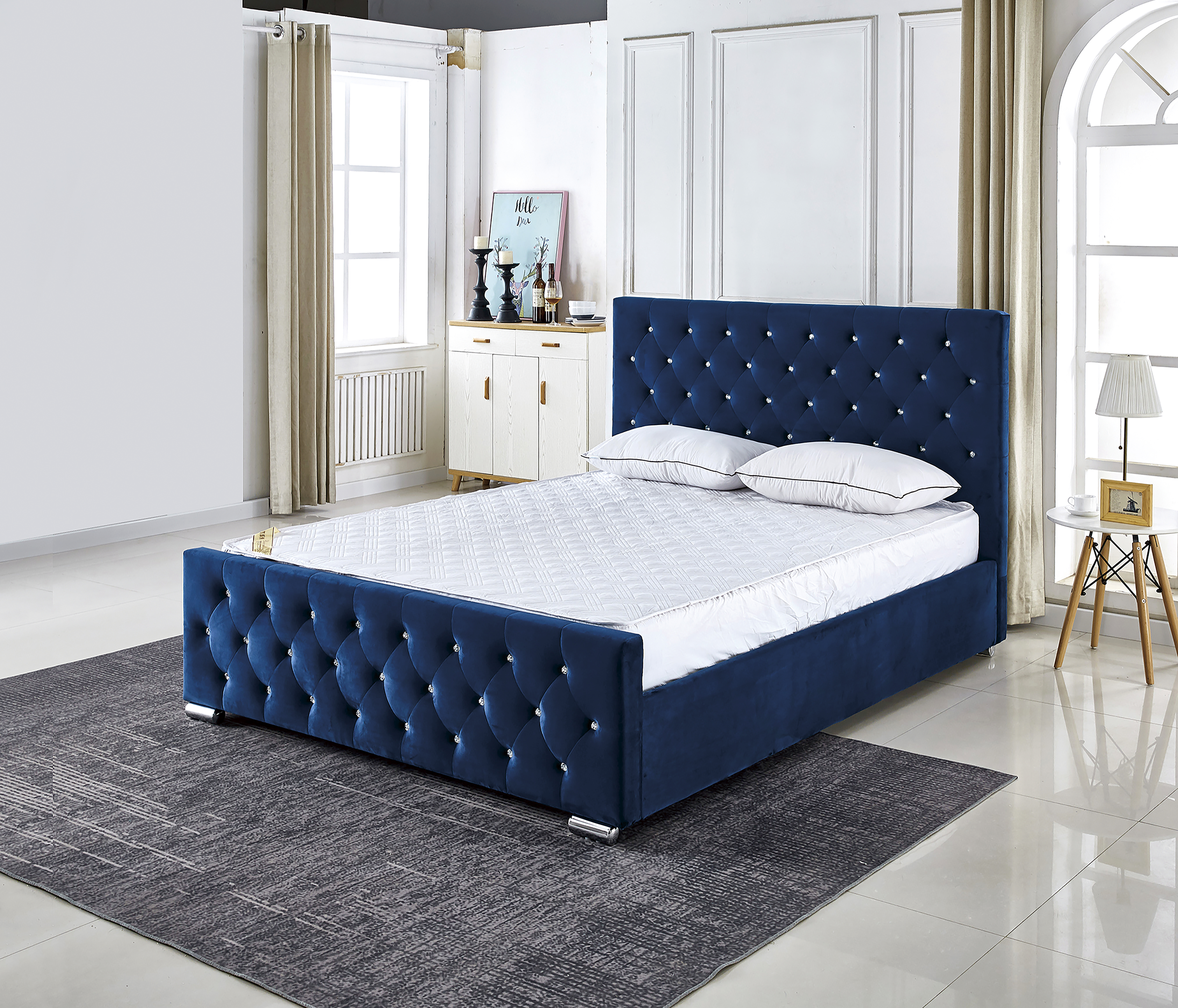 Lit double en velours bleu 140x190cm avec sommier
