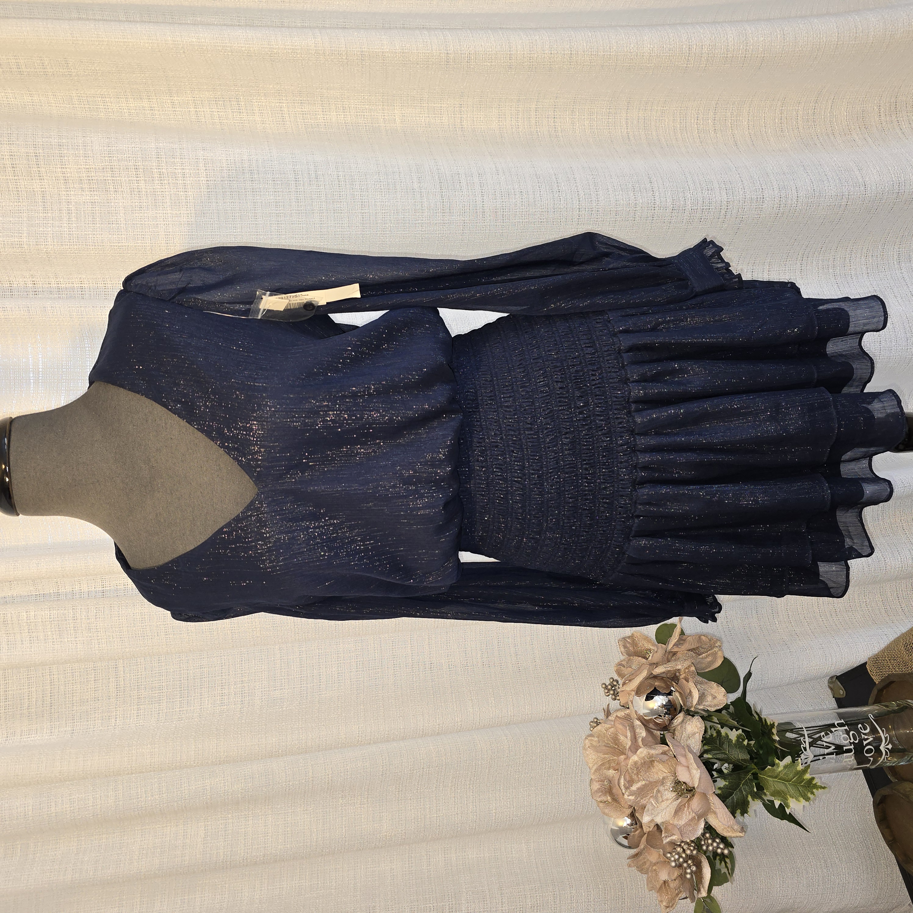 Navy Ruffle Shimmeer Dress-  Aqua