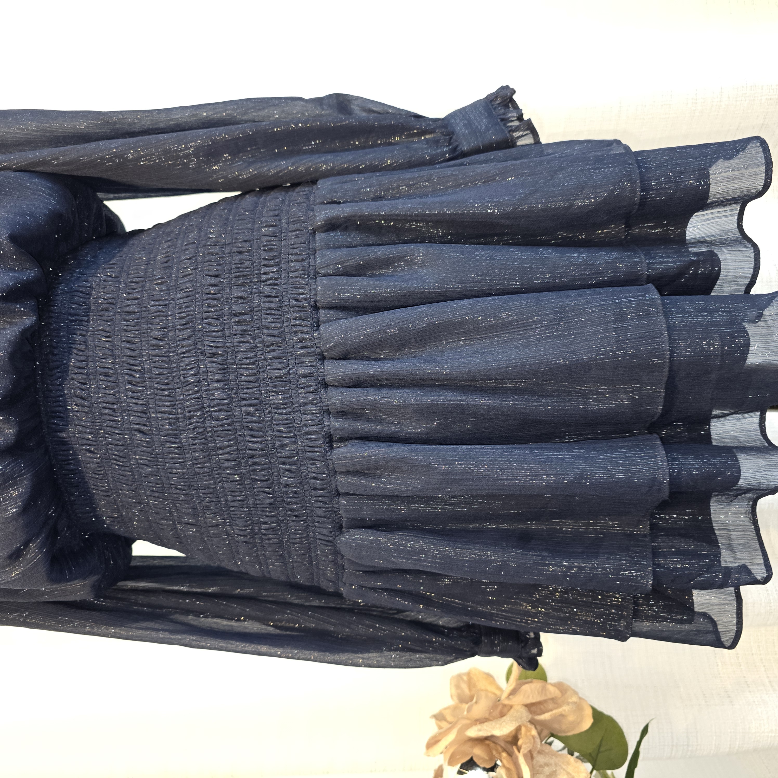 Navy Ruffle Shimmeer Dress-  Aqua