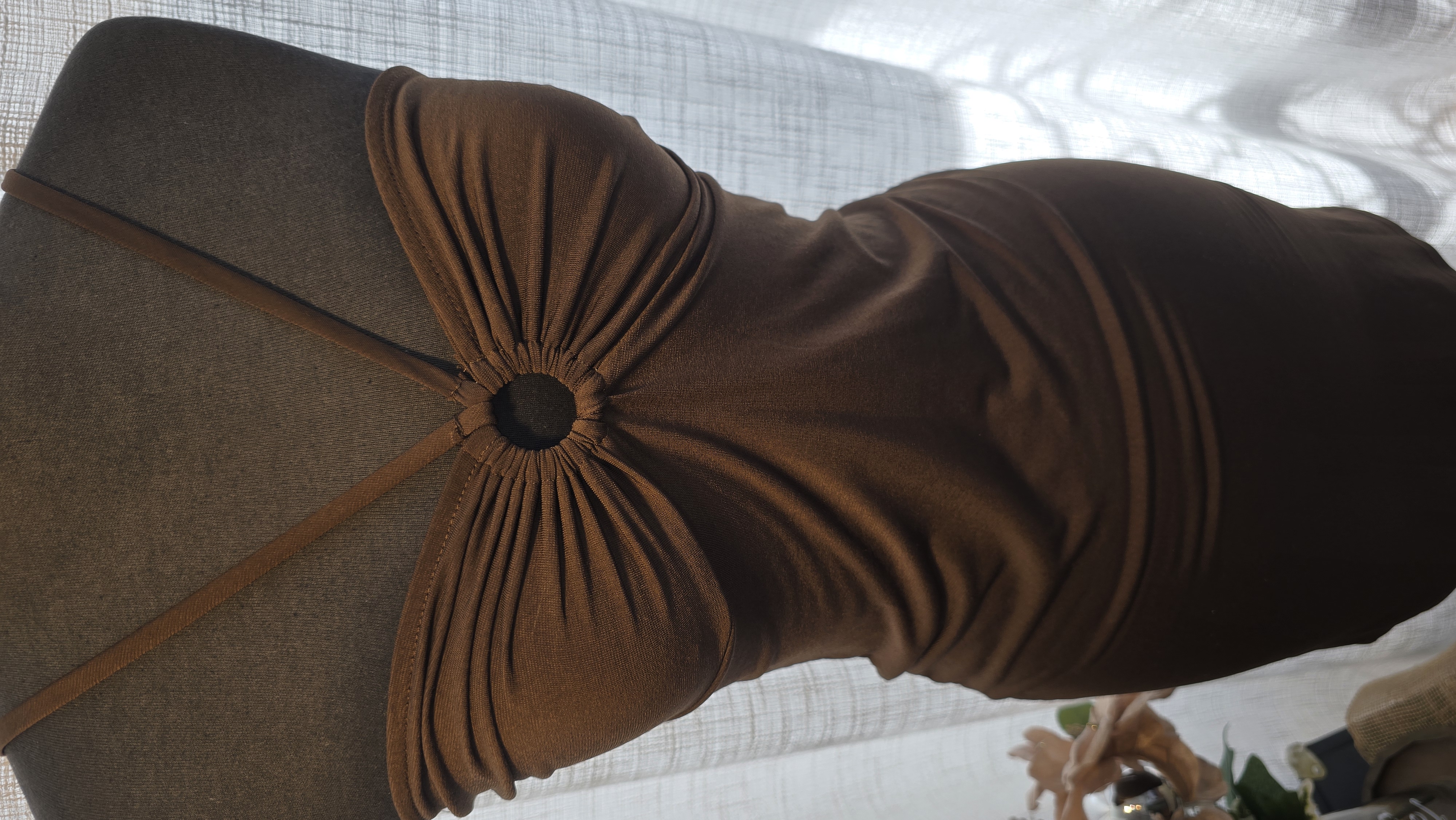 Brown Ruched Ring Halter Dress- ambiance