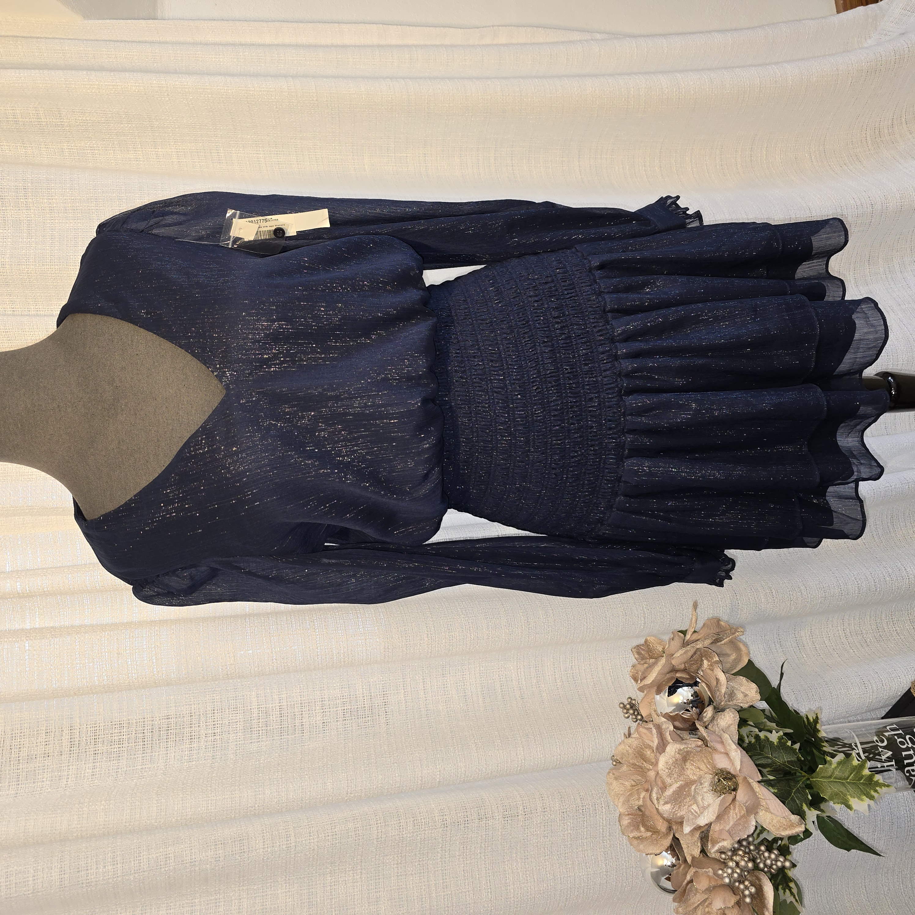 Navy Ruffle Shimmeer Dress-  Aqua