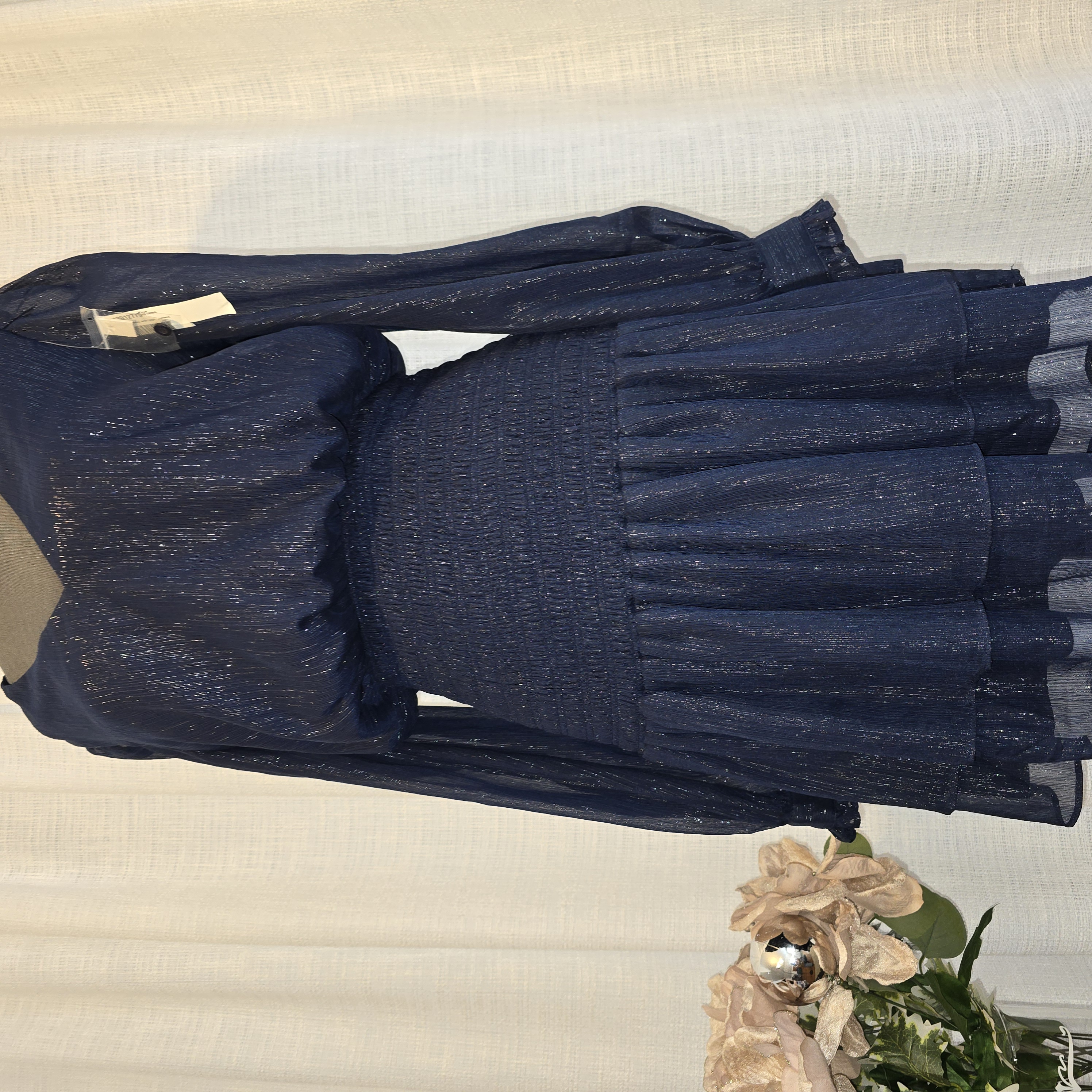 Navy Ruffle Shimmeer Dress-  Aqua