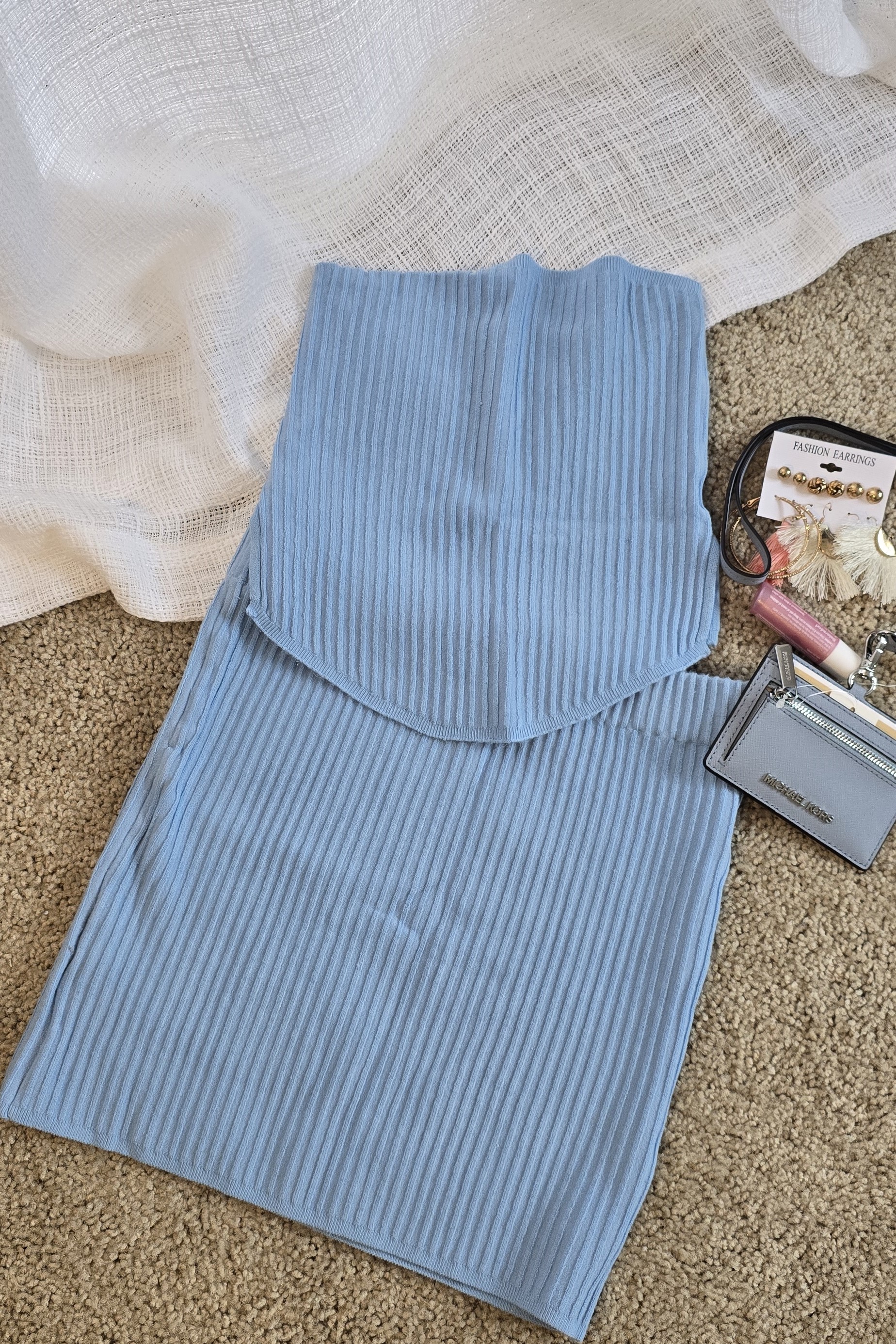 Blue Ribbed Knit Skirt Set